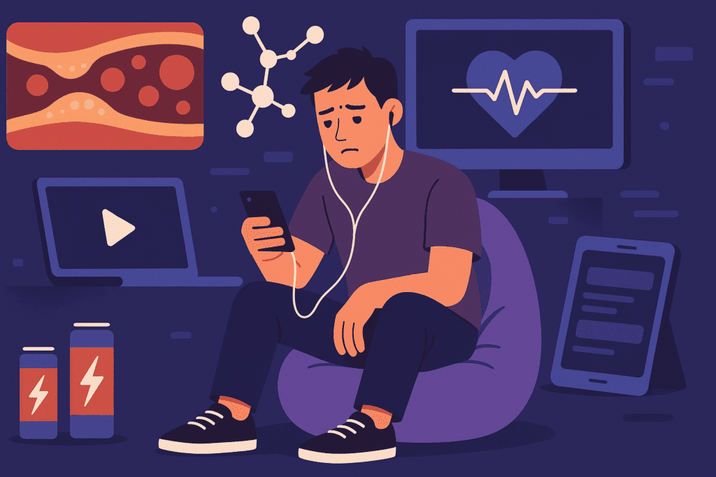 Young adult in a sedentary lifestyle surrounded by energy drinks and digital devices, illustrating risk factors for elevated systolic blood pressure.