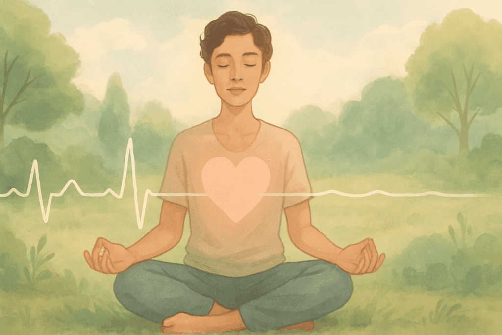 Person meditating peacefully in a natural setting with heart and pulse wave overlay symbolizing reduced systolic blood pressure