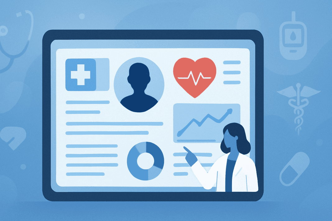 Digital interface of an electronic health record with abstract charts and icons related to patient care and the diabetes medical abbreviation
