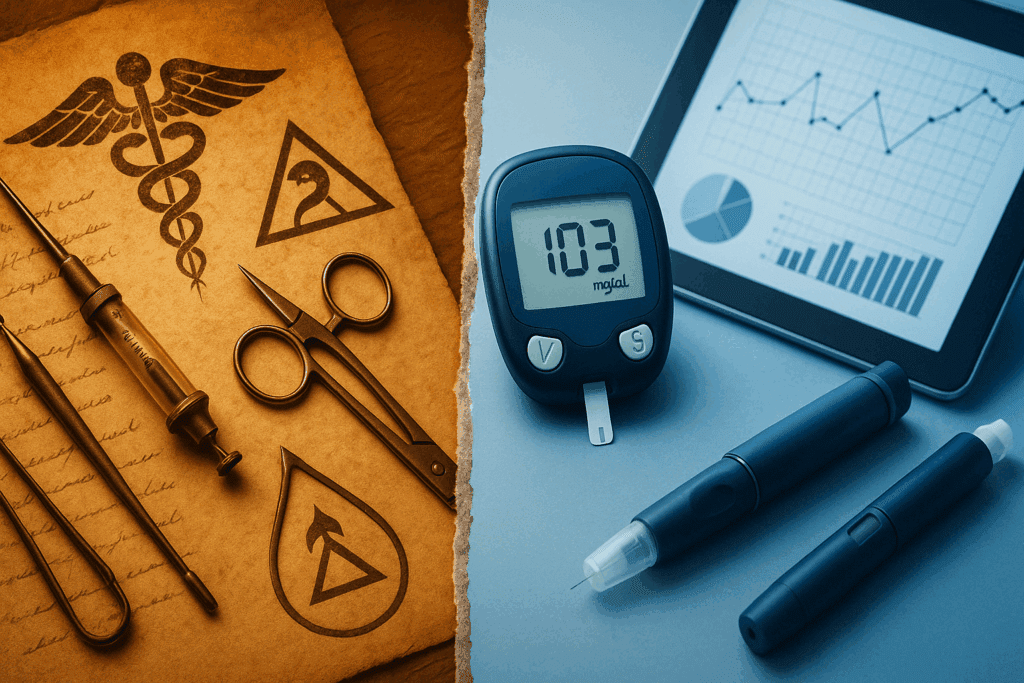 Split image illustrating the evolution of diabetes medical abbreviation, with antique tools and handwritten notes on one side and modern glucose meters and insulin pens on the other.