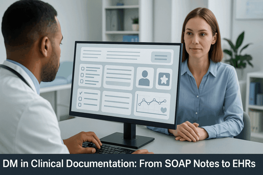 Physician using an EHR system during a patient consultation, with digital charts and diagnosis icons representing structured data entry related to diabetes medical abbreviation.