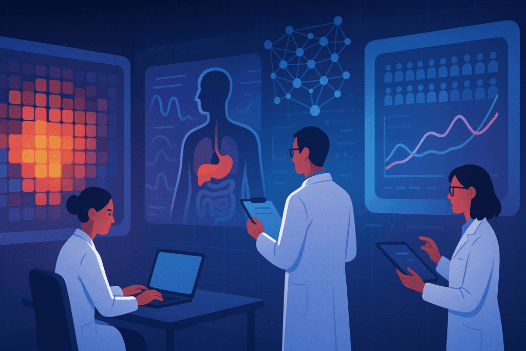Researchers in a futuristic lab analyzing health data visualizations related to population studies and the diabetes medical abbreviation