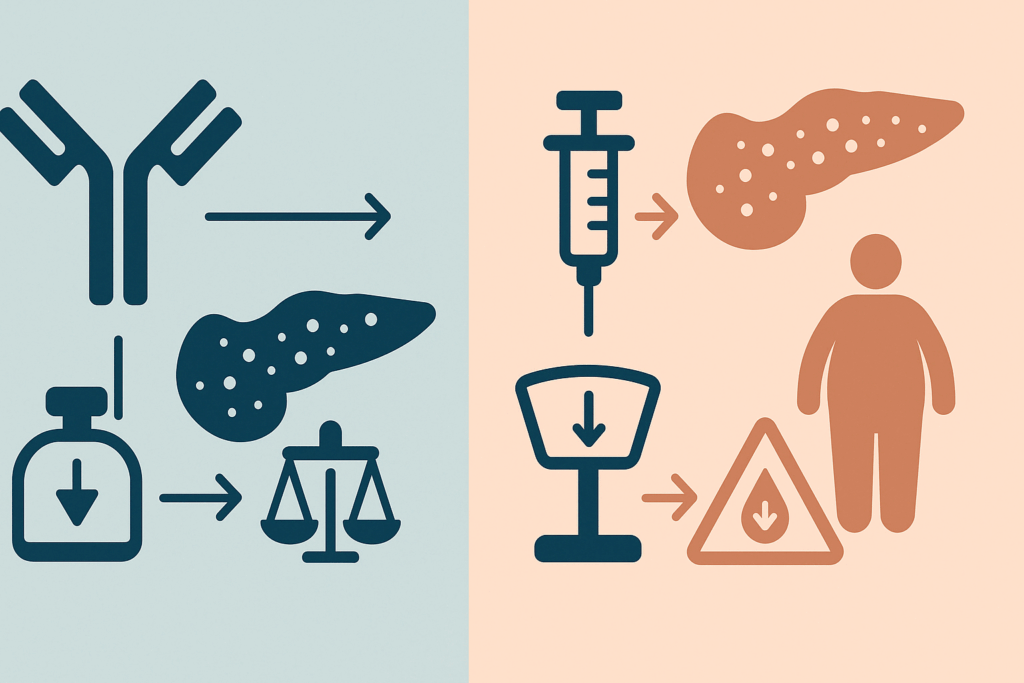 Diagram comparing tirzepatide and insulin therapies for diabetes management, highlighting weight and hypoglycemia differences, related to diabetes medical abbreviation.