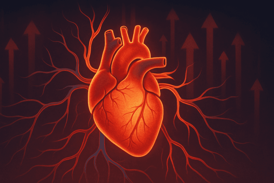 Symbolic human heart surrounded by glowing arteries and veins, illustrating what does essential hypertension mean with rising arrows symbolizing high blood pressure.