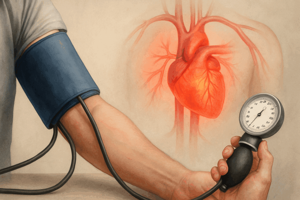 Blood pressure cuff on an adult's arm with heart and arteries visible to illustrate what does essential hypertension mean.