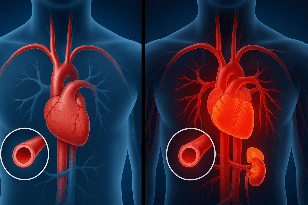 Split medical illustration showing a healthy circulatory system versus damaged arteries from secondary causes, helping explain what does essential hypertension mean.