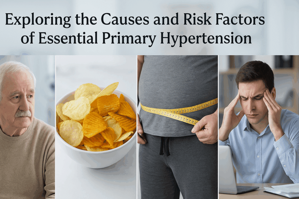 Older adult, high-sodium snacks, waistline measuring tape, and stressed office worker illustrating risk factors related to what does essential hypertension mean.