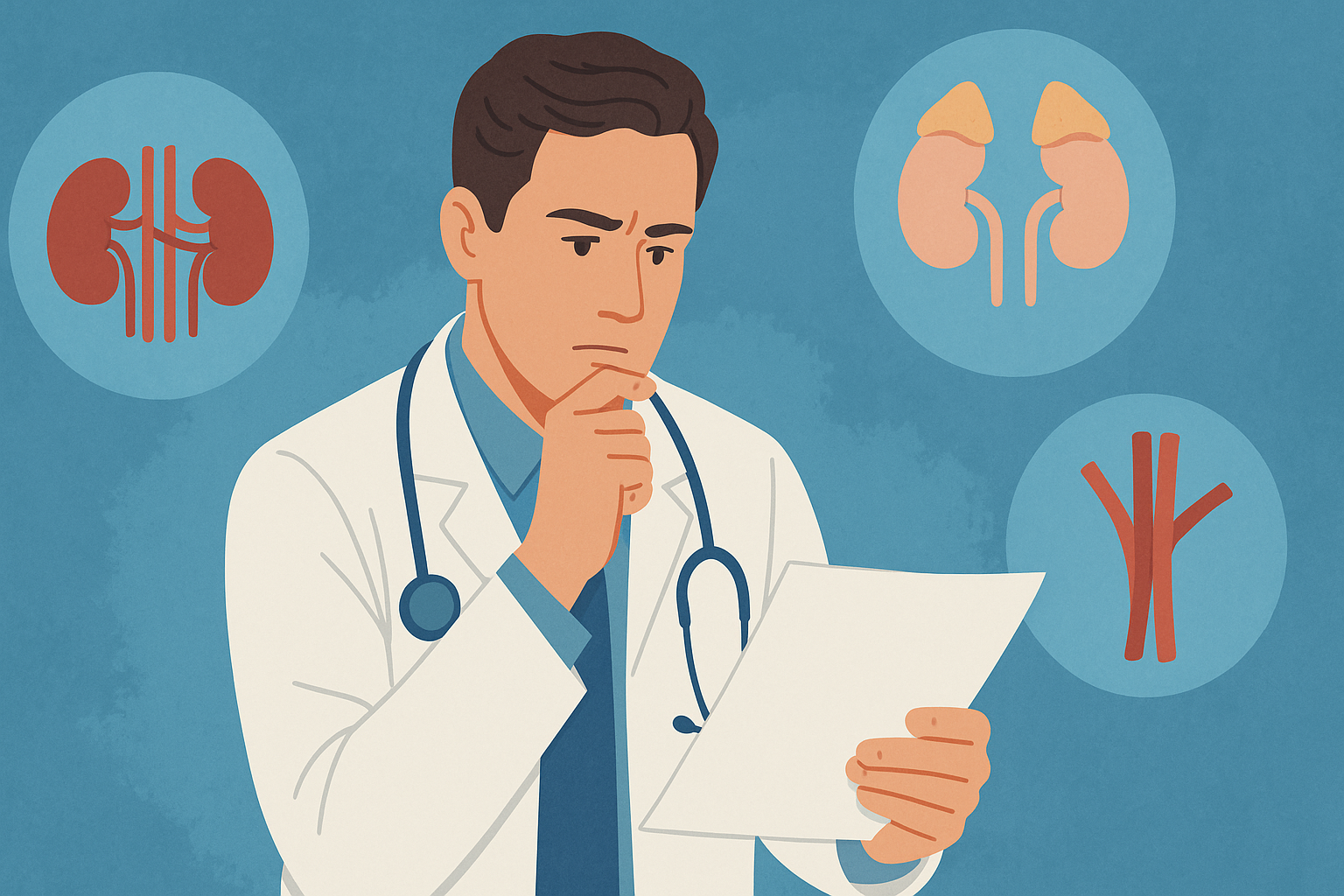 Thoughtful physician analyzing diagnostic test results, surrounded by icons of kidneys, adrenal glands, and blood vessels, illustrating what does essential hypertension mean.