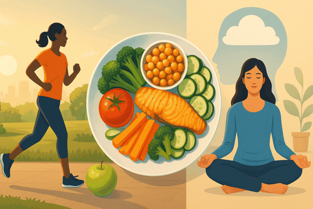 Jogger exercising in the morning, healthy meal plate with vegetables and salmon, and woman meditating indoors, illustrating what does essential hypertension mean for proactive long-term health.