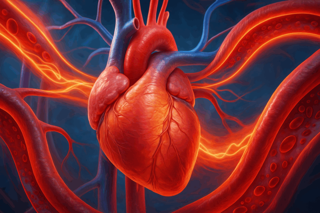 Photorealistic medical illustration showing the human heart and arteries demonstrating blood flow dynamics and systolic vascular pressure during cardiac contraction.