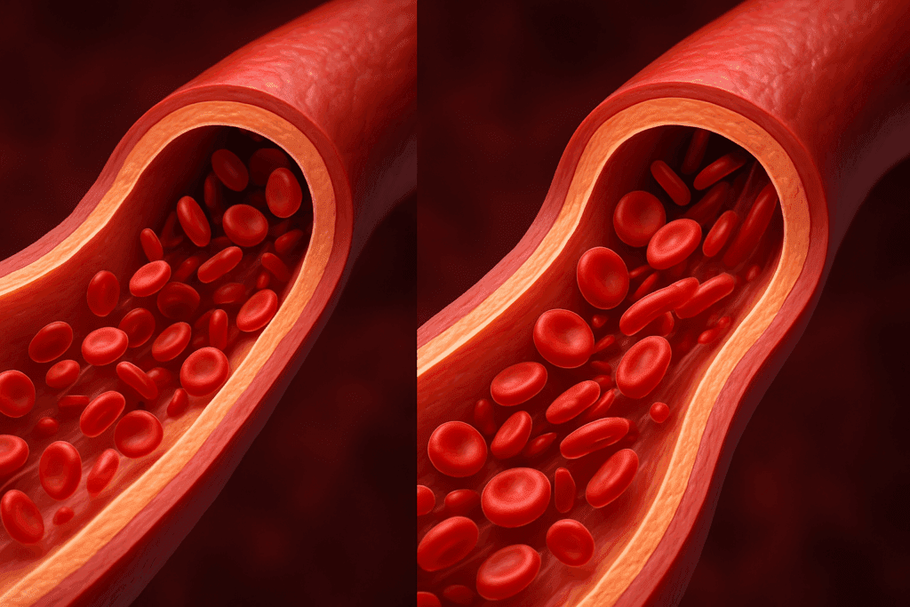 Photorealistic medical illustration showing systolic vascular pressure dynamics in an artery, with elastic arterial walls and red blood cells in motion.