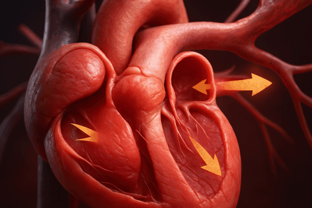 Hyper-realistic 3D rendering of heart atria contracting to push blood into ventricles, illustrating subtle systolic vascular pressure effects on arterial walls.