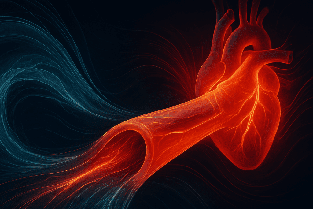 Abstract digital illustration visualizing systolic vascular pressure through dynamic blood flow, artery elasticity, and vascular resistance.