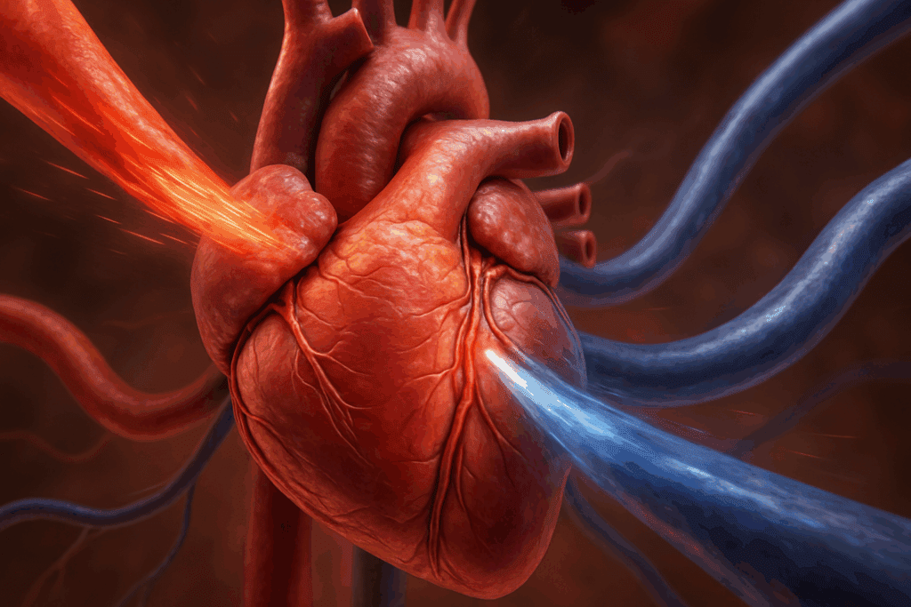 Detailed anatomical heart illustration showing blood flow dynamics during ventricular contraction, highlighting systolic vascular pressure effects on arteries and distended veins.