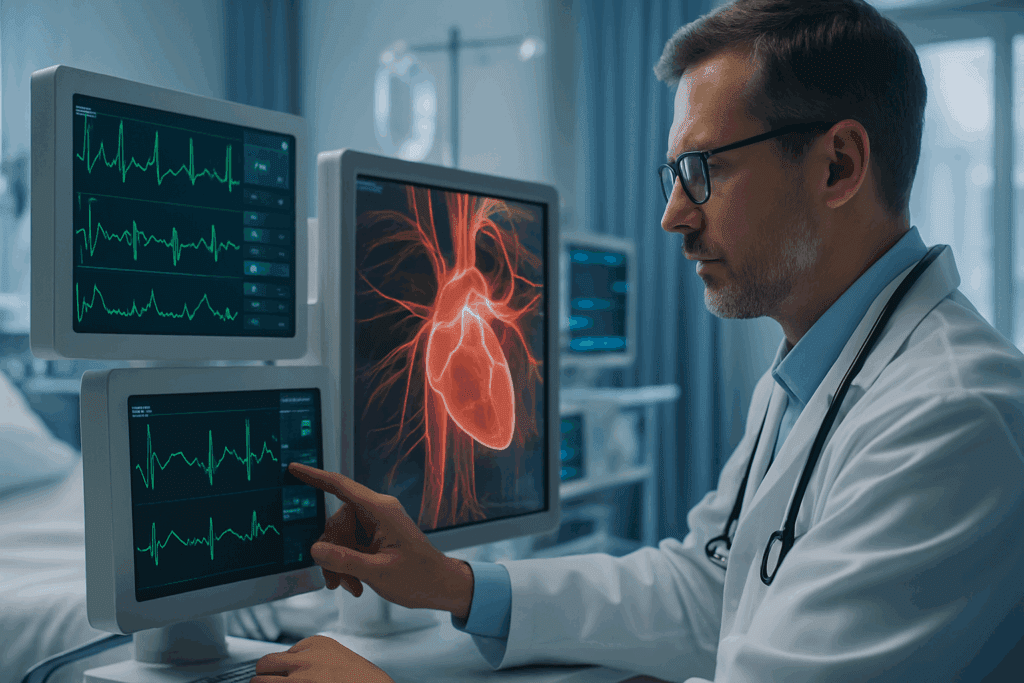 Clinician reviewing digital monitors displaying heart dynamics with a transparent arterial blood flow overlay, analyzing systolic vascular pressure.