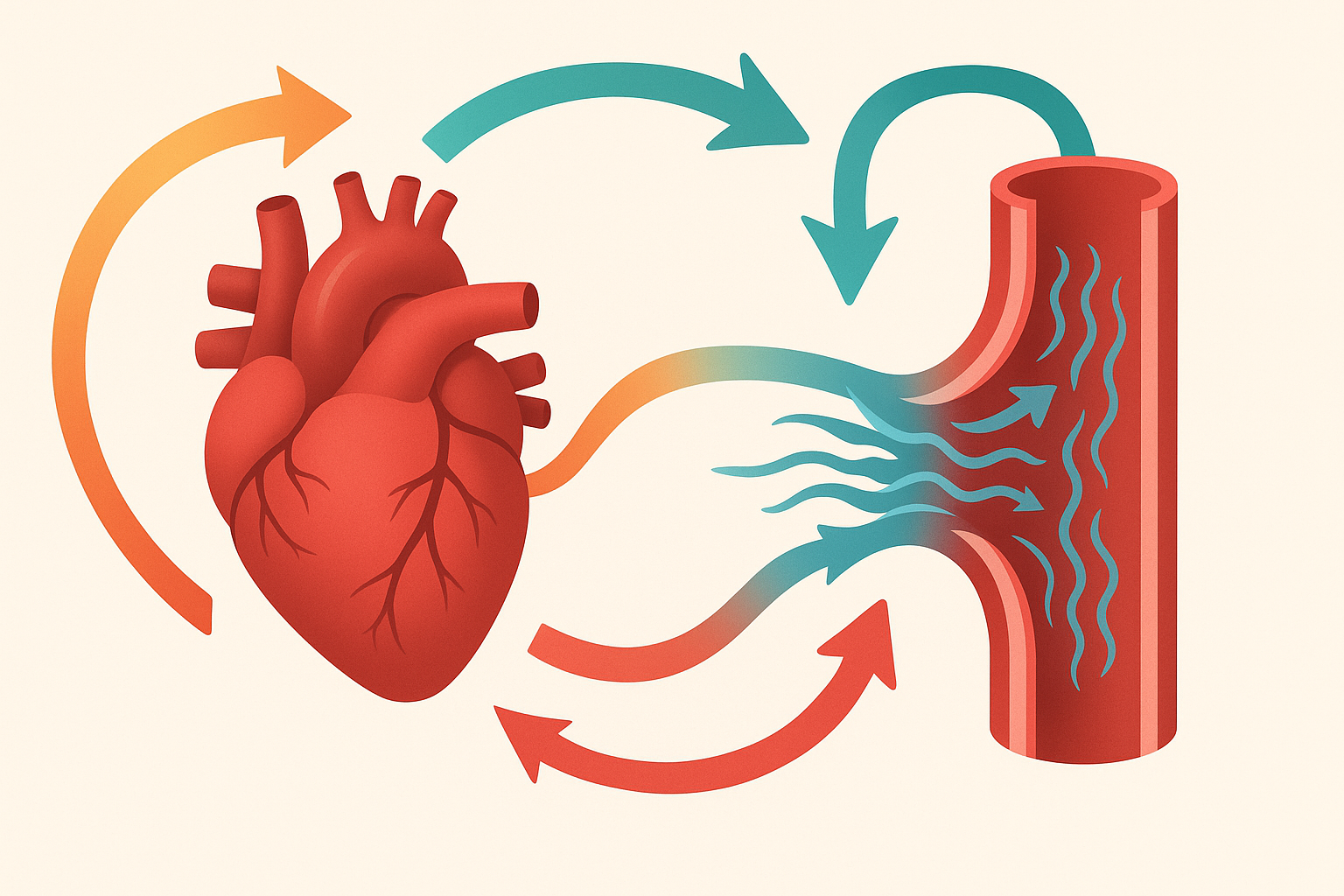 Infographic showing a heart and blood vessel with color-coded arrows illustrating factors influencing systolic vascular pressure.