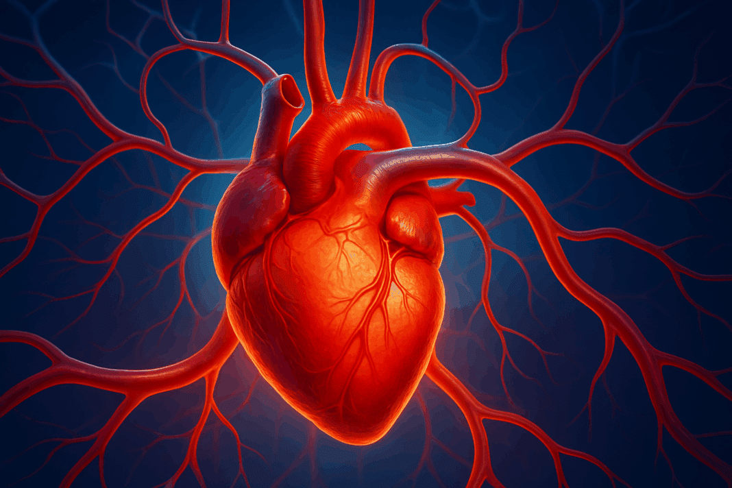 Healthy human heart pumping oxygen-rich blood through elastic arteries in a glowing circulatory network, illustrating what is arterial pressure.