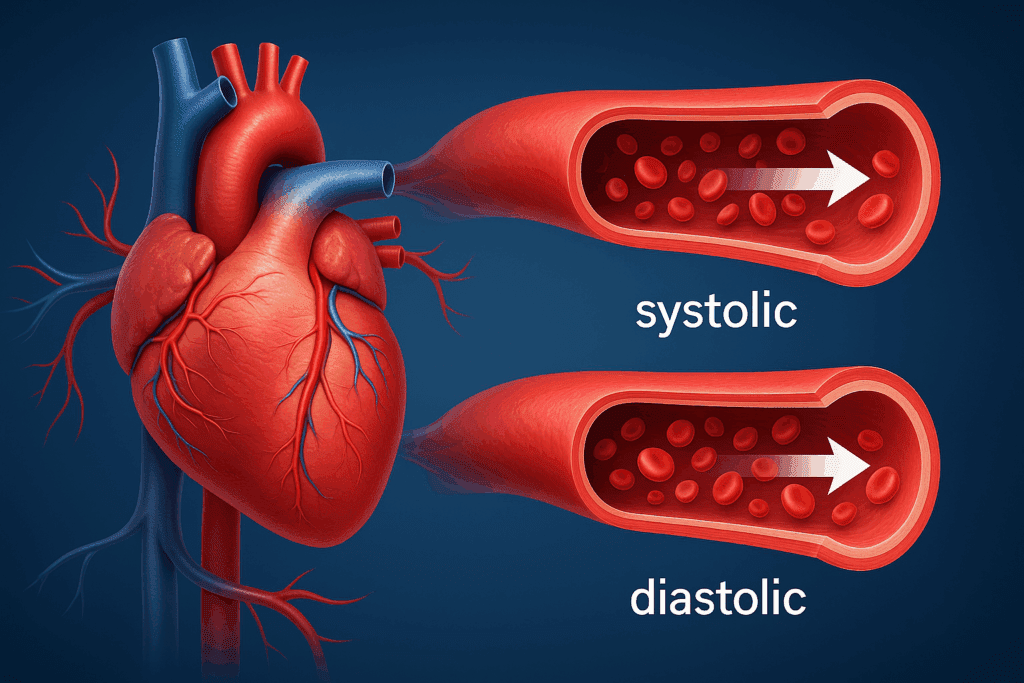 3D anatomical illustration showing blood flow through arteries during systolic and diastolic phases, visualizing what is arterial pressure.