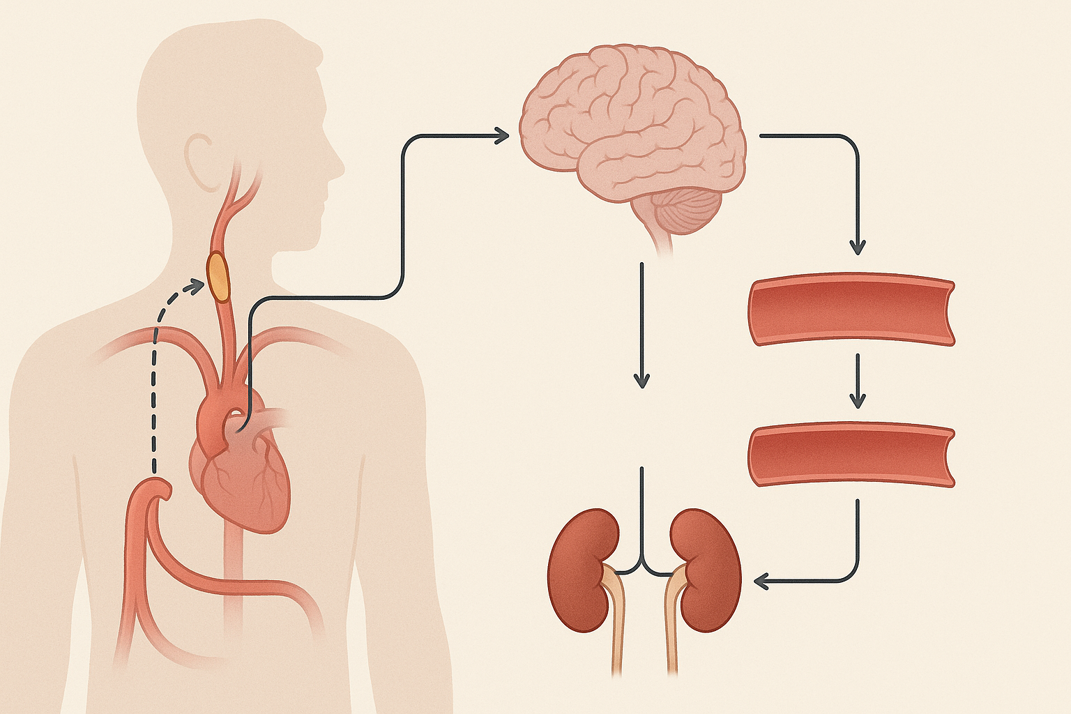 Diagram illustrating the baroreceptor reflex mechanism involved in what is arterial pressure regulation, showing carotid artery sensors, brain signals, blood vessel response, and kidney function.