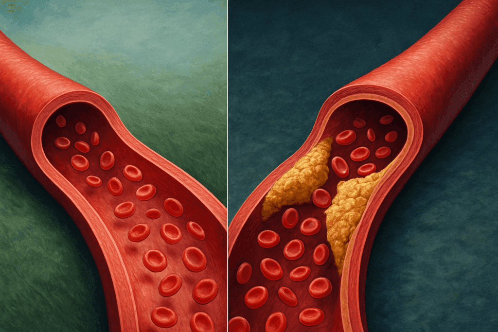 Medical illustration showing what is arterial pressure by comparing a healthy artery with smooth walls to a diseased artery with plaque buildup and restricted blood flow.