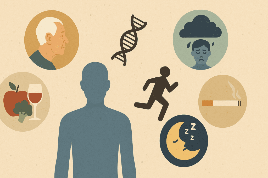 Human figure surrounded by symbolic icons representing age, genetics, lifestyle habits, stress, and sleep, illustrating factors that influence what is arterial pressure.