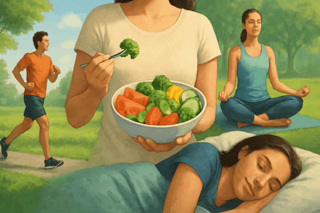 Person jogging through a green park, eating colorful fruits and vegetables, practicing yoga, and sleeping restfully, symbolizing holistic strategies for maintaining healthy arterial pressure and illustrating what is arterial pressure.