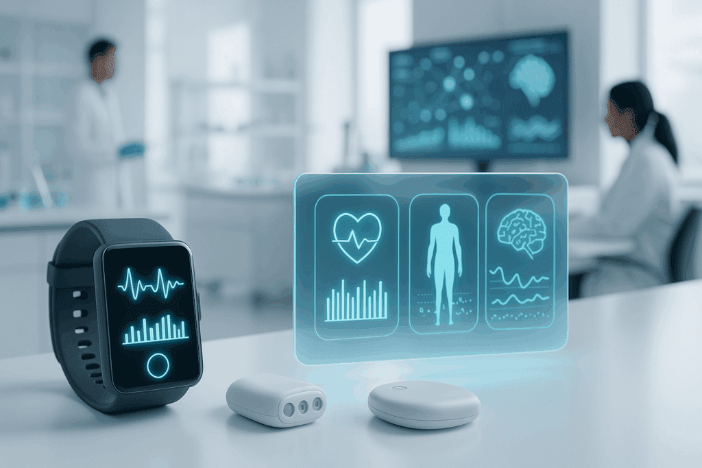 Futuristic medical laboratory with wearable health technology and AI dashboards illustrating health data, representing innovations in what is arterial pressure monitoring.