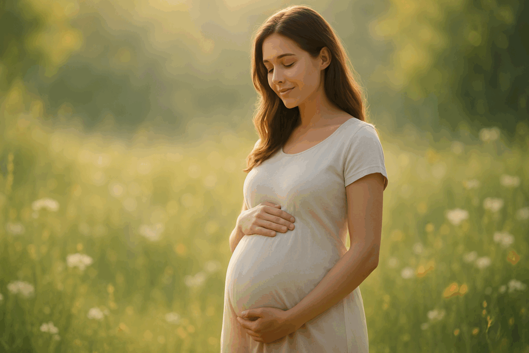 Pregnant woman standing peacefully in a sunlit meadow, gently holding her belly, symbolizing wellness and vitality, illustrating what is considered high blood pressure in pregnancy.