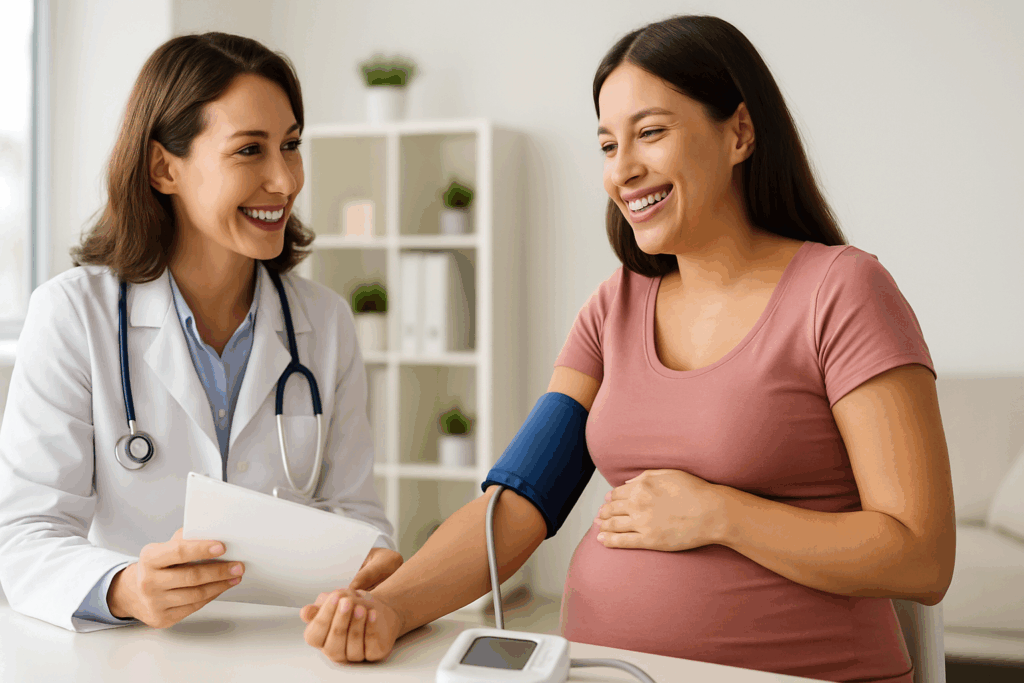 Pregnant woman and doctor smiling during a blood pressure check in a modern clinic, illustrating what is considered high blood pressure in pregnancy.