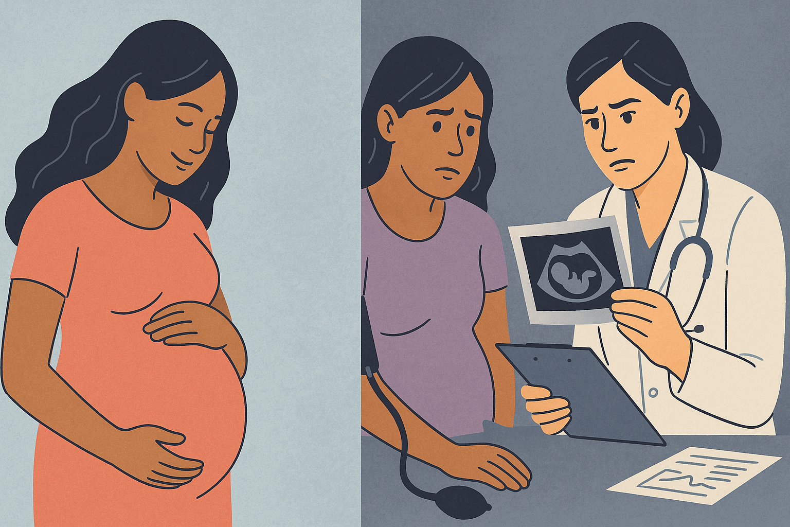 Split illustration showing a healthy pregnancy on one side and a doctor reviewing tests for what is considered high blood pressure in pregnancy.