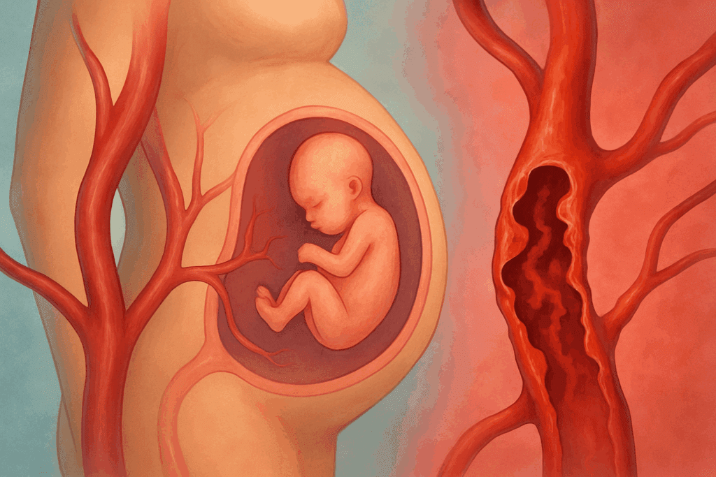 Conceptual medical illustration showing healthy versus constricted blood vessels during pregnancy, highlighting what is considered high blood pressure in pregnancy.