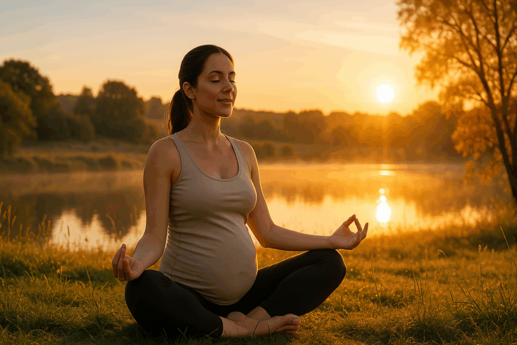 Pregnant woman practicing prenatal yoga outdoors at sunrise to promote wellness and manage what is considered high blood pressure in pregnancy