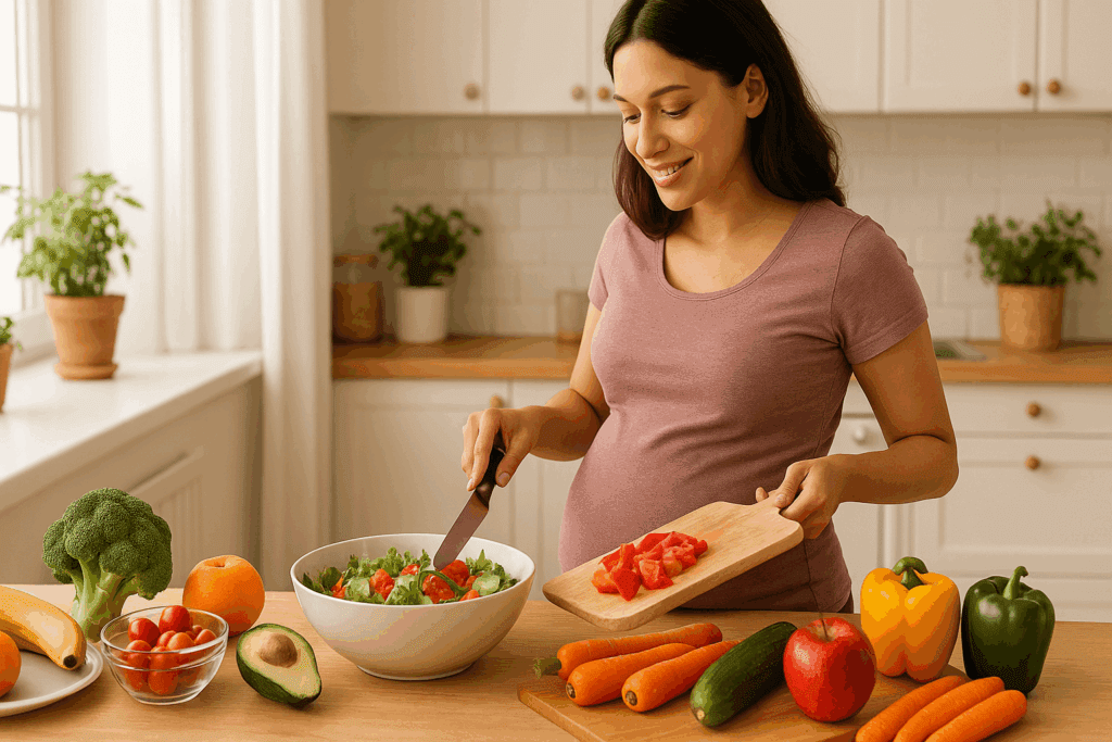 Pregnant woman preparing a colorful meal with fresh vegetables and fruits in a sunny kitchen to promote healthy eating and prevent what is considered high blood pressure in pregnancy.