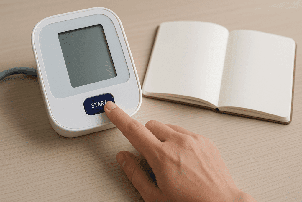 Hand pressing start on a modern blood pressure monitor next to an open notebook, symbolizing self-tracking for what is considered high blood pressure in pregnancy.