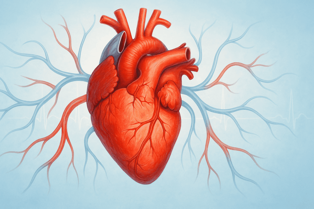 Vibrant human heart with healthy blood vessels on a clinical blue background, symbolizing presión arterial normal and cardiovascular vitality.