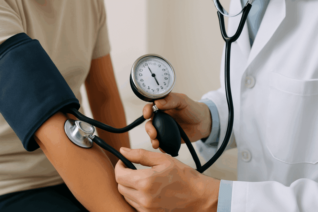 Medical professional measuring a patient's presión arterial normal with a manual sphygmomanometer and stethoscope in a clinical setting.