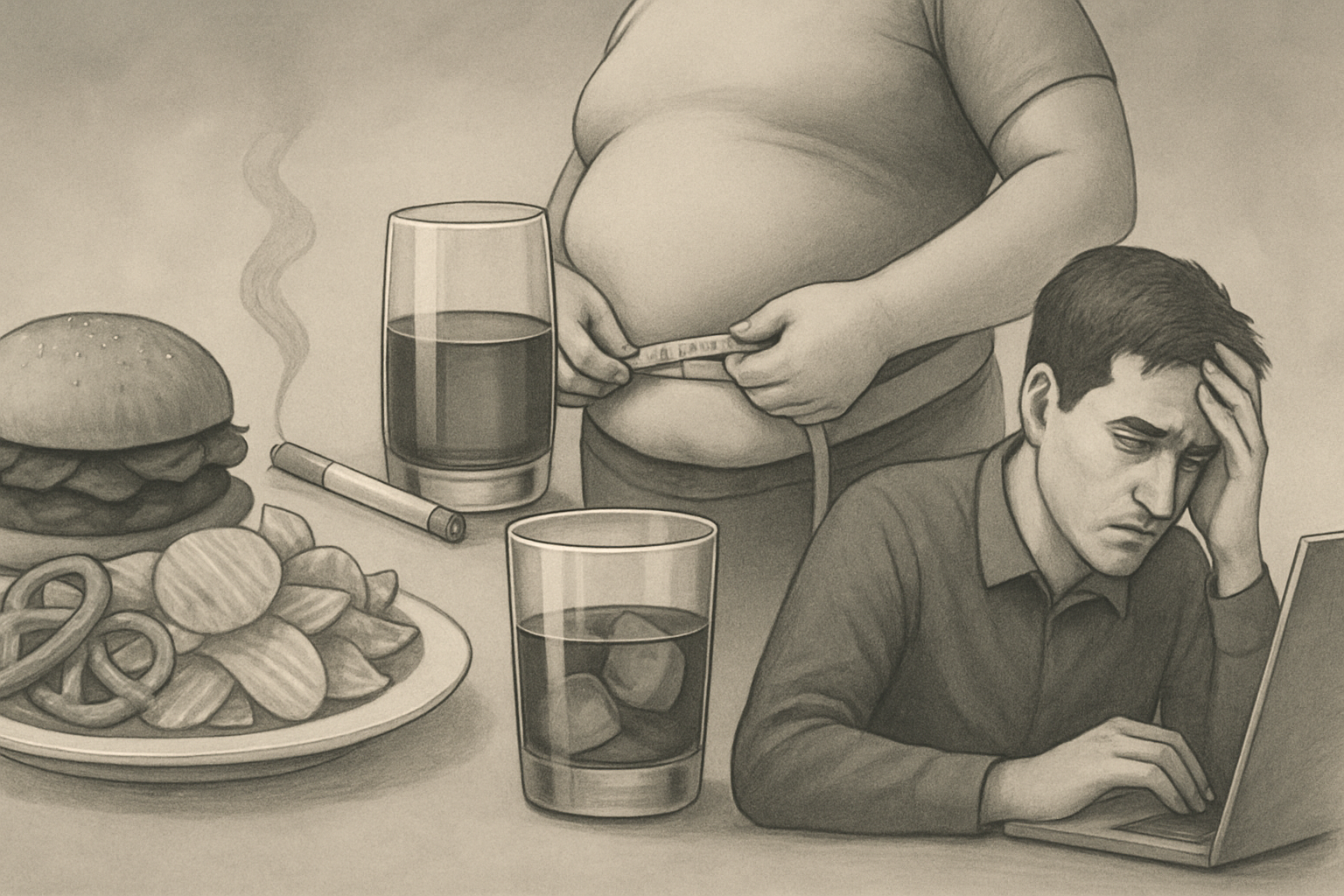 Salty processed food, cigarette, alcohol, overweight person measuring waist, and stressed man at computer symbolizing risk factors that affect presión arterial normal