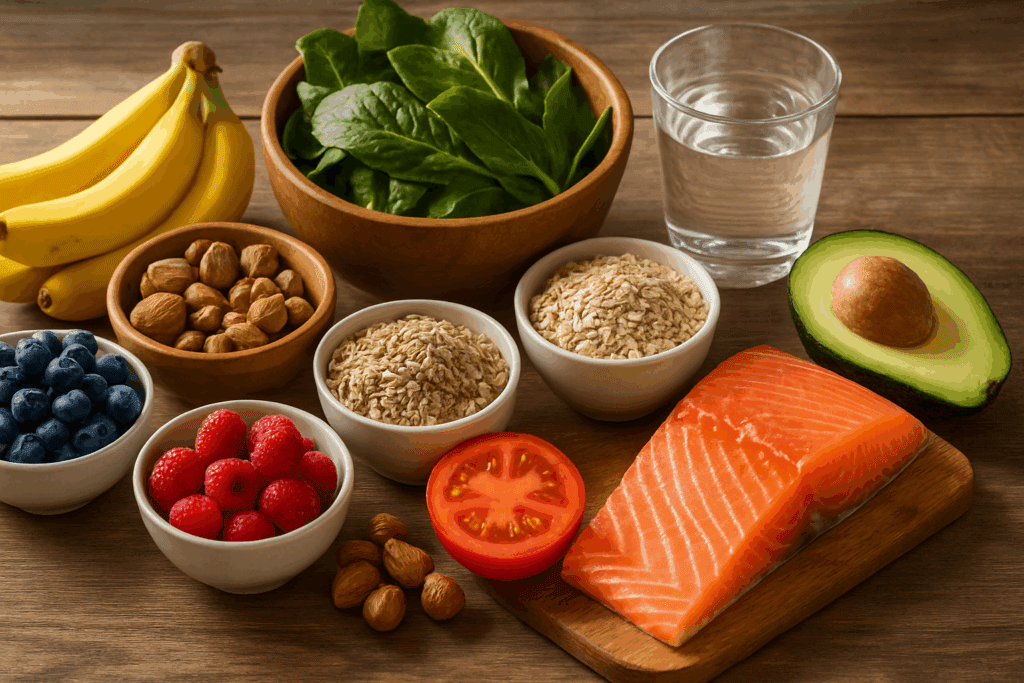 Heart-healthy foods including salmon, leafy greens, berries, bananas, whole grains, nuts, and water arranged on a wooden table to support presión arterial normal.