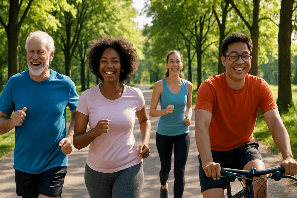 Group of diverse adults brisk walking, jogging, and cycling outdoors on a sunny day, promoting healthy lifestyles and supporting presión arterial normal.