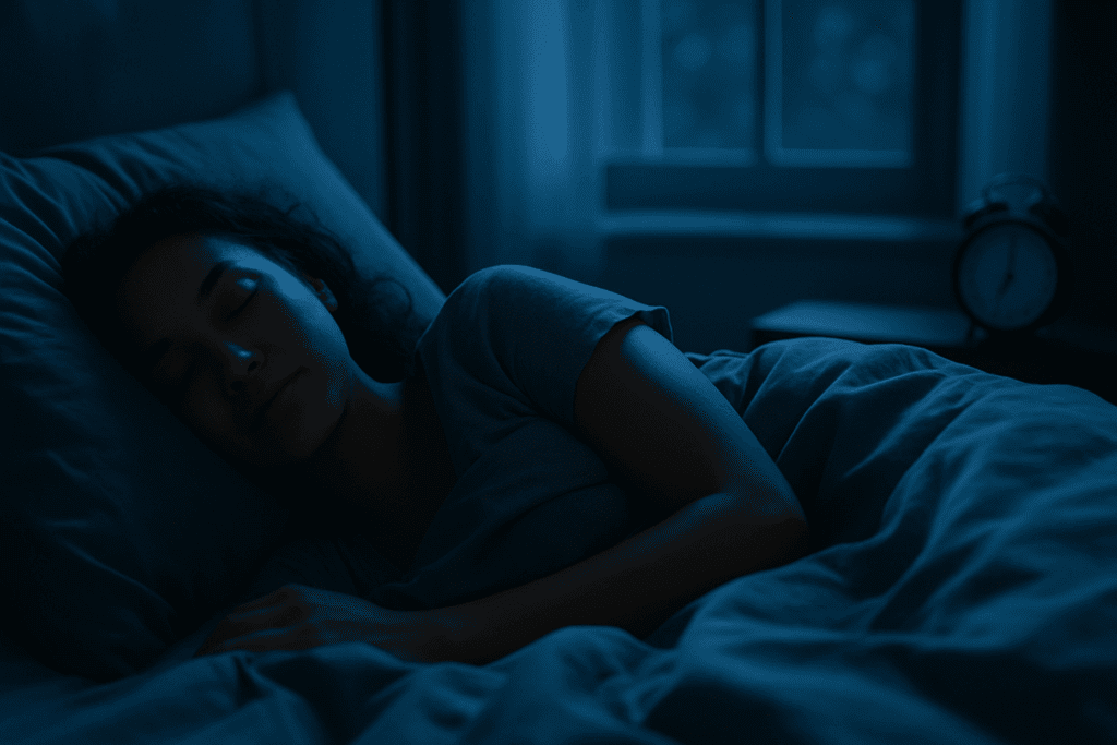 Peaceful bedroom scene with a woman sleeping deeply under cozy bedding at night, highlighting the connection between restful sleep and presión arterial normal.