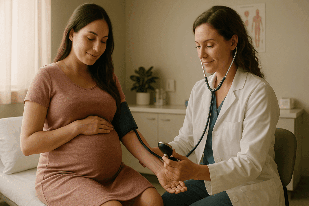 Doctor checking blood pressure of pregnant woman in clinic to monitor for What is PIH pregnancy induced hypertension