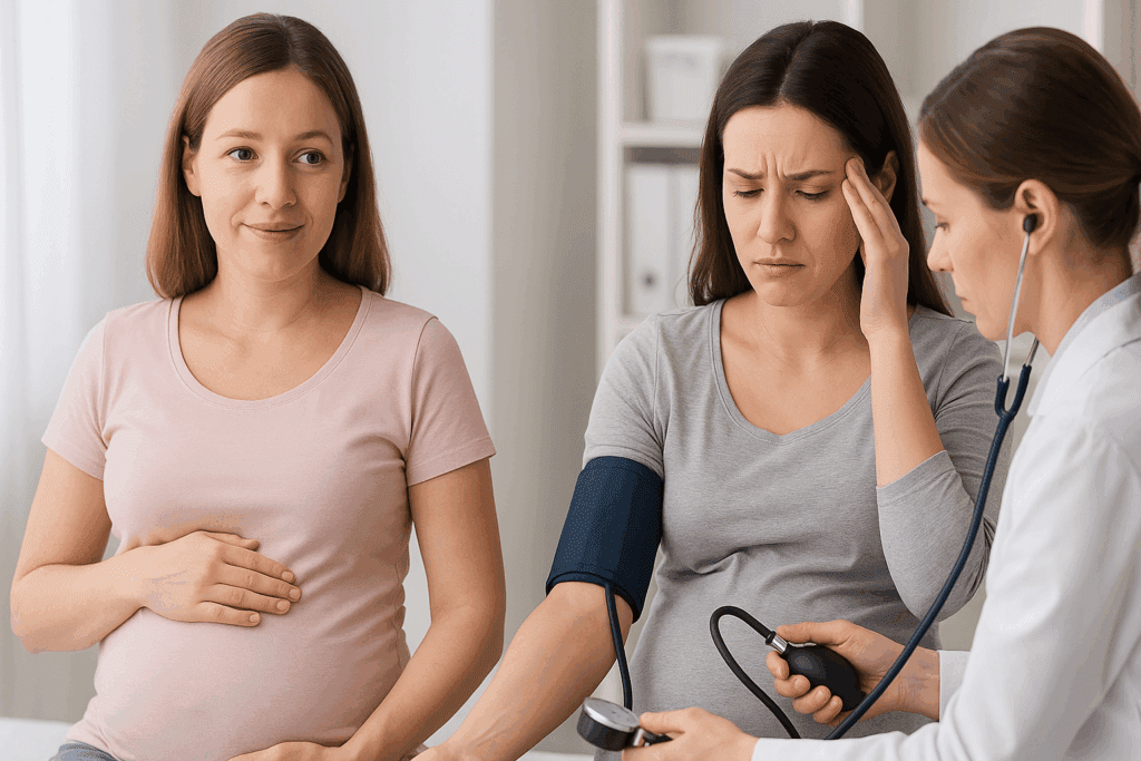 Two pregnant women in a clinic, one calm and the other looking worried as a doctor checks her blood pressure, illustrating What is PIH pregnancy induced hypertension.