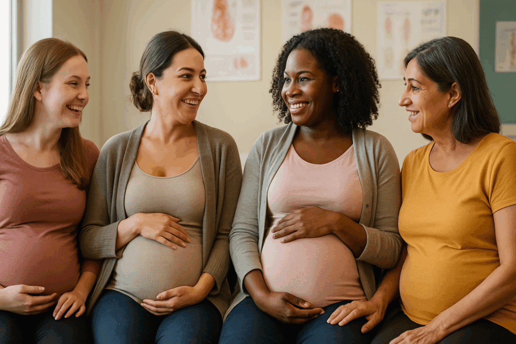 Diverse group of pregnant women from various ethnic backgrounds sharing support at a prenatal clinic, discussing What is PIH pregnancy induced hypertension.