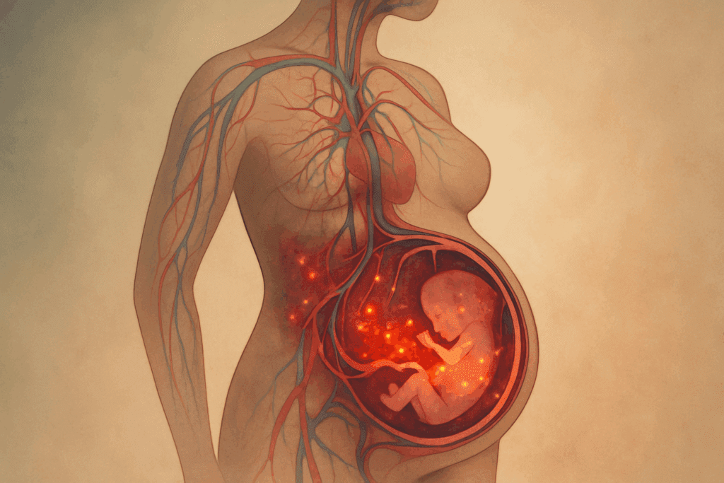 Scientific illustration of a pregnant woman’s circulatory system showing poor blood flow and oxidative stress in placenta, related to What is PIH pregnancy induced hypertension.
