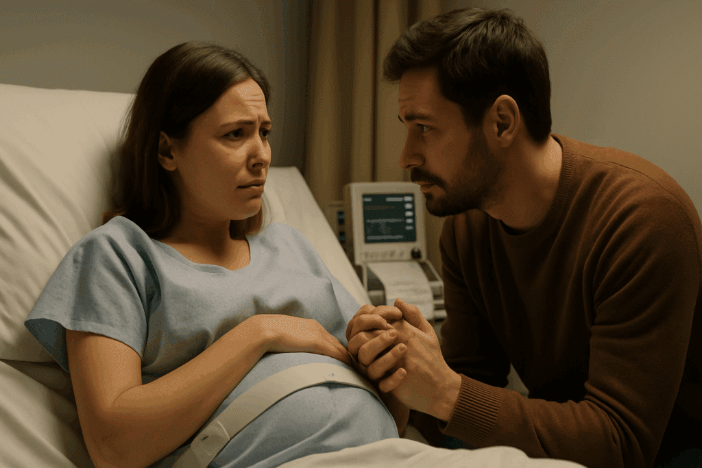 Worried pregnant woman in a hospital bed holding her partner’s hand with a fetal monitor nearby, illustrating concerns related to What is PIH pregnancy induced hypertension.
