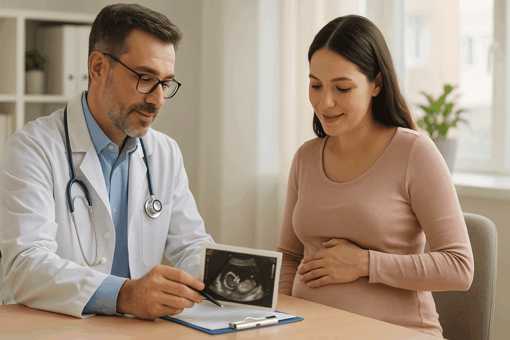 Doctor reviewing ultrasound results with pregnant woman during consultation for What is PIH pregnancy induced hypertension management.