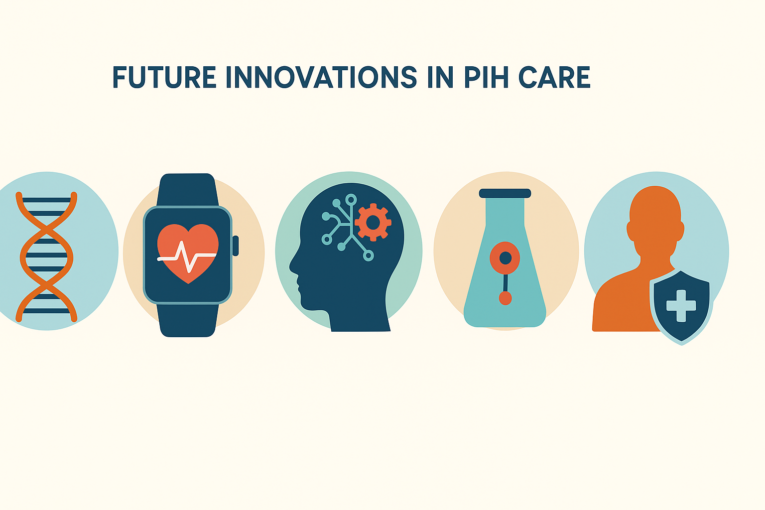 Modern infographic showing future innovations in PIH care, including genetic research, wearable tech, AI diagnostics, biomarker testing, and personalized medicine, related to What is PIH pregnancy induced hypertension.
