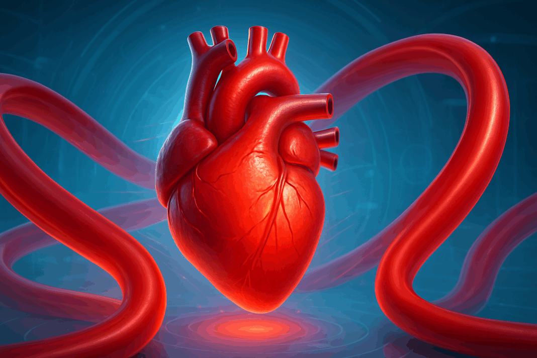 Vibrant human heart surrounded by clean flowing arteries in a futuristic medical setting, symbolizing what is really good blood pressure.