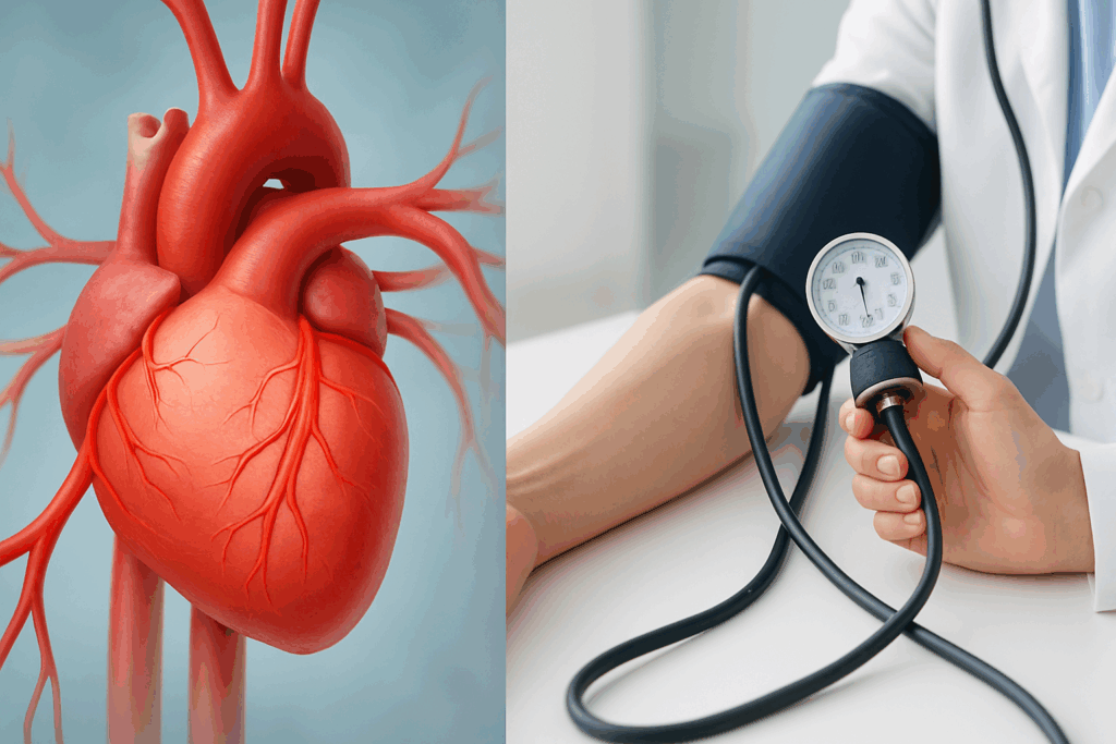 3D illustration of a heart pumping blood alongside a healthcare professional measuring blood pressure with a cuff, explaining what is really good blood pressure.