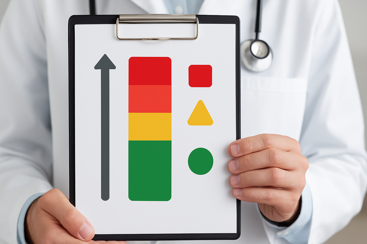 Doctor holding a clipboard displaying a colorful chart illustrating what is really good blood pressure levels with simple shapes and color codes.